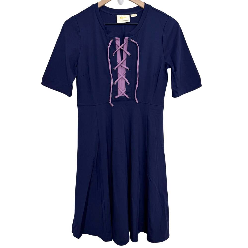 Anthropologie Maeve Lace Up Fit & Flare Dress Navy Blue Purple Size XS